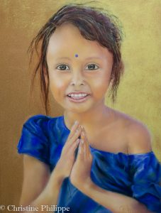 Pastel sec sur Pastelcard, d'après photo d'Alexandre Peplaw avec son aimable autorisation Petite fille de l'Uttar Pradesh , Namasté : le bonjour Indie
